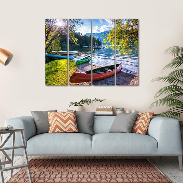 Bohinj Lake With Boats Canvas Wall Art-4 Horizontal-Gallery Wrap-34" x 24"-Tiaracle