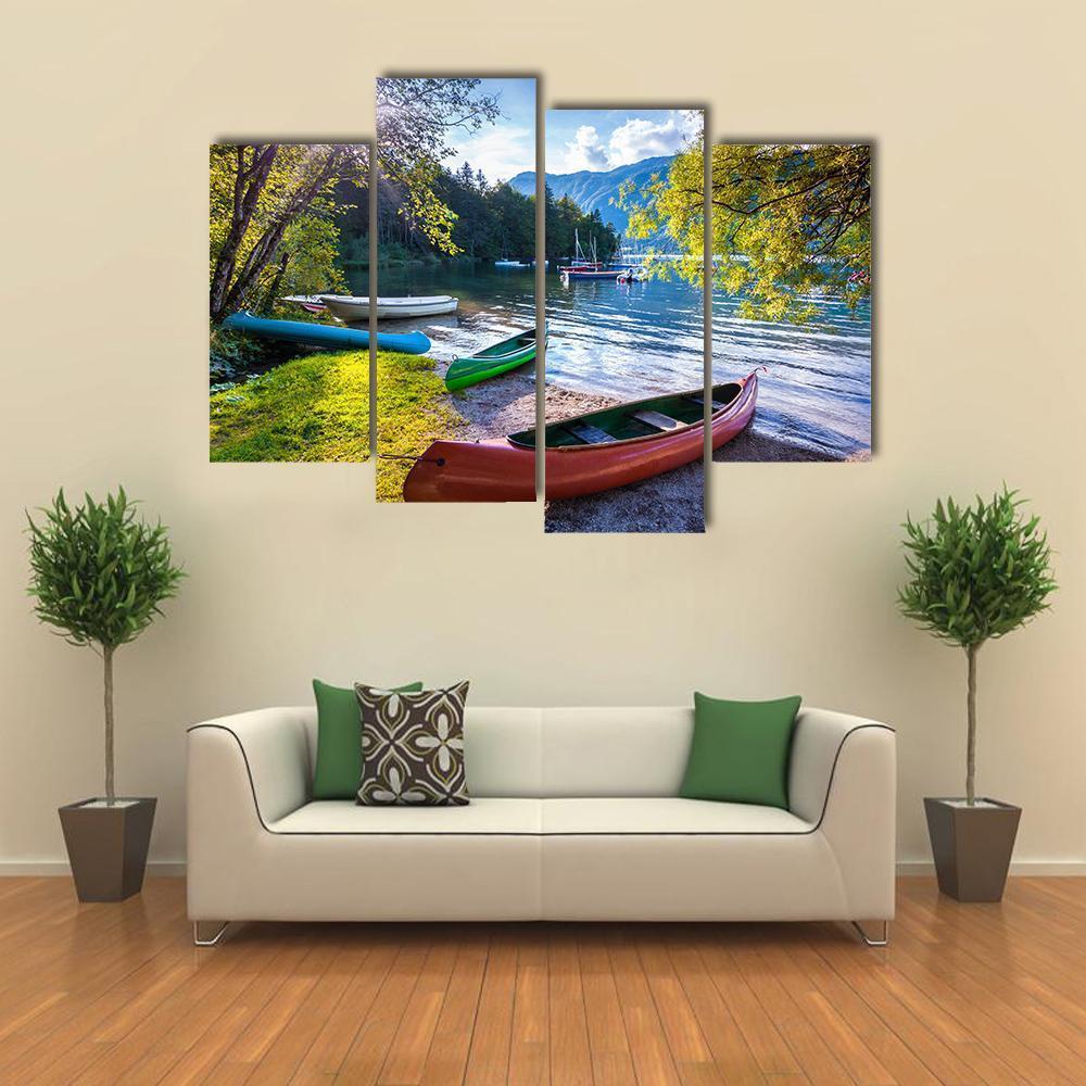 Bohinj Lake With Boats Canvas Wall Art-4 Pop-Gallery Wrap-50" x 32"-Tiaracle