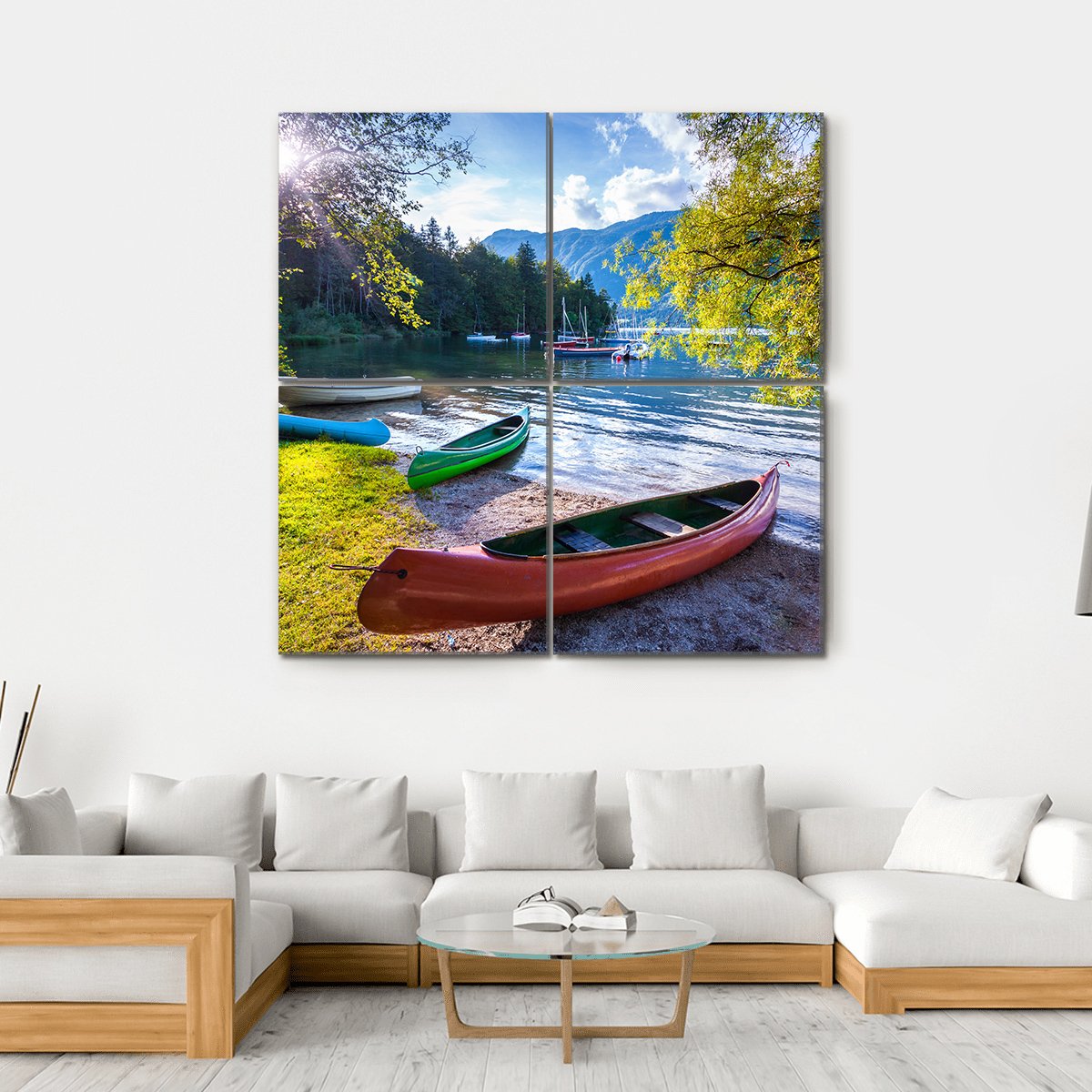 Bohinj Lake With Boats Canvas Wall Art-4 Square-Gallery Wrap-17" x 17"-Tiaracle