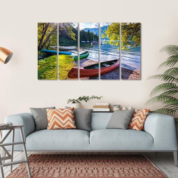 Bohinj Lake With Boats Canvas Wall Art-5 Horizontal-Gallery Wrap-22" x 12"-Tiaracle