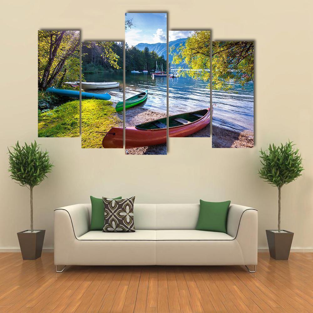 Bohinj Lake With Boats Canvas Wall Art-5 Pop-Gallery Wrap-47" x 32"-Tiaracle