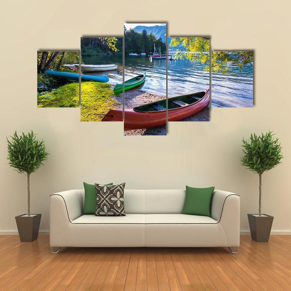 Bohinj Lake With Boats Canvas Wall Art-5 Star-Gallery Wrap-62" x 32"-Tiaracle