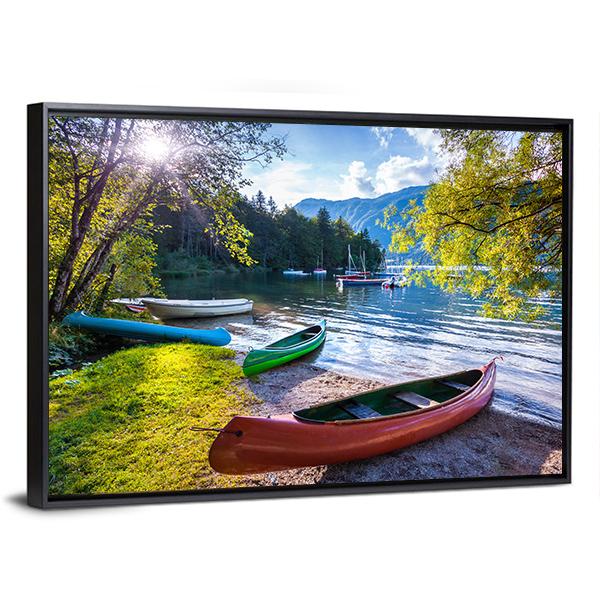 Bohinj Lake With Boats Canvas Wall Art-3 Horizontal-Gallery Wrap-25" x 16"-Tiaracle