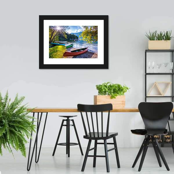 Bohinj Lake With Boats Canvas Wall Art-3 Horizontal-Gallery Wrap-25" x 16"-Tiaracle