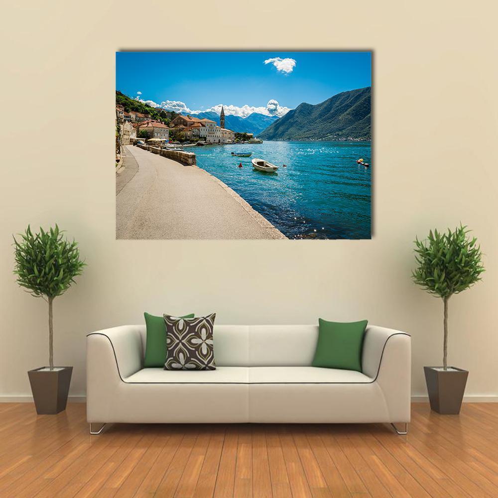 Boka Kotor Bay in Montenegro Canvas Wall Art in gray, green and blue, single panel hung on a wall