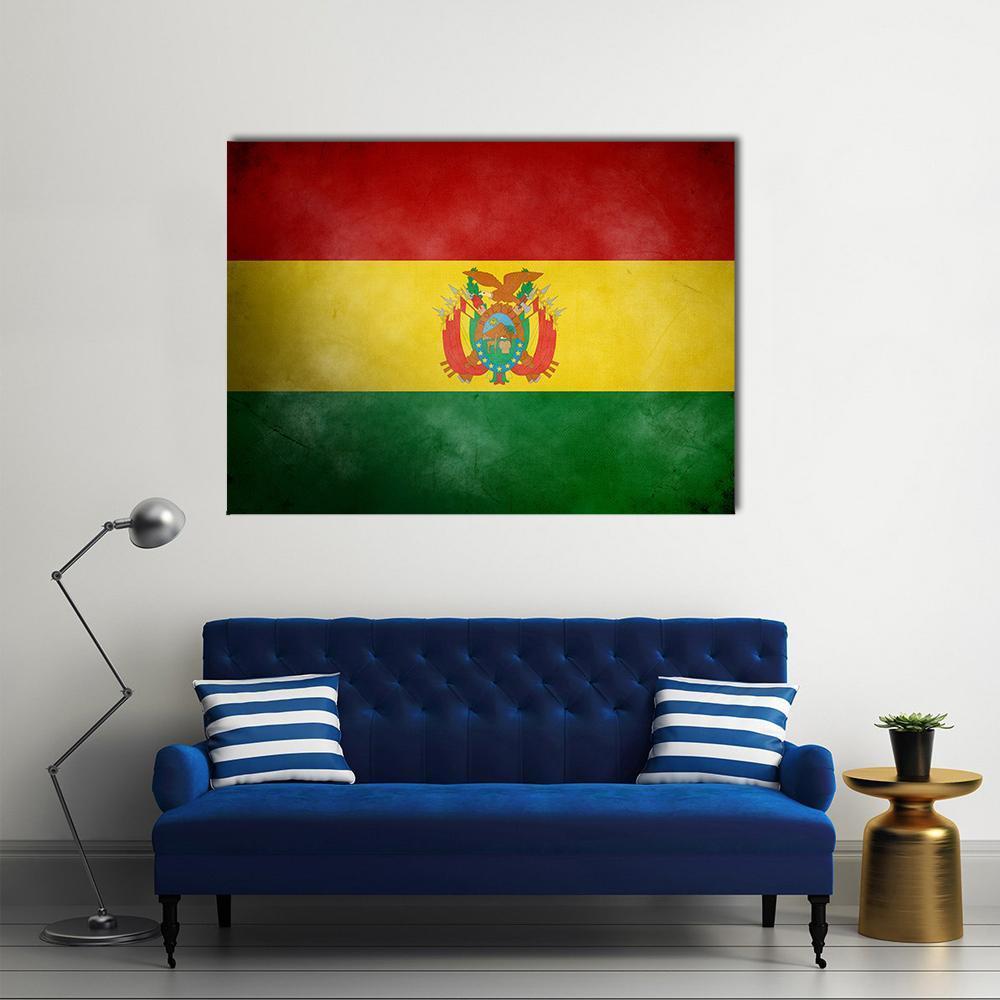 Bolivian Flag with Coat of Arms Canvas Wall Art in red, yellow and green, single panel hung on a wall