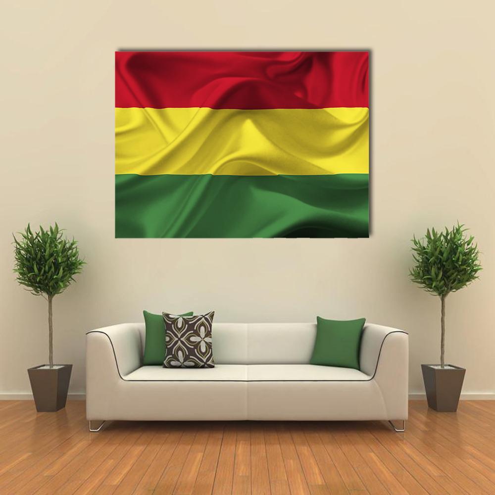Bolivian Flag with Satin Ripples Canvas Wall Art in red, yellow and green, single panel hung on a wall