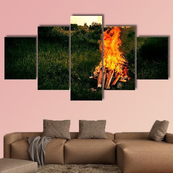 Bonfire At Camp Canvas Wall Art-5 Star-Gallery Wrap-62" x 32"-Tiaracle