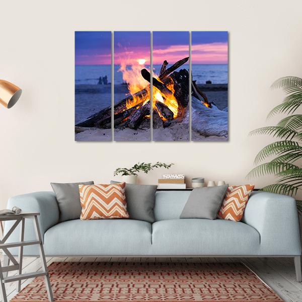 Bonfire On Beach Canvas Wall Art-4 Horizontal-Gallery Wrap-34" x 24"-Tiaracle