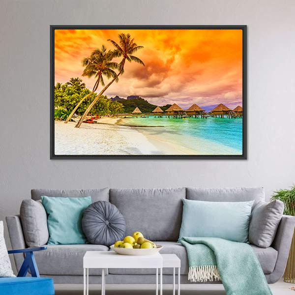 Bora Bora Overwater Bungalows at Sunset Canvas Wall Art in orange, yellow and blue, framed canvas, product view on a white background