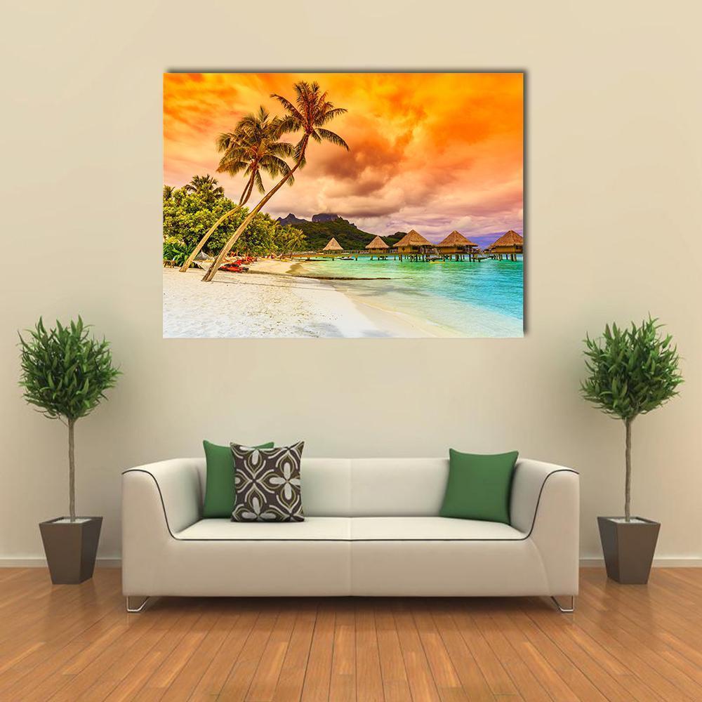 Bora Bora Island at Sunset Canvas Wall Art in orange, yellow and blue, single panel hung on a wall
