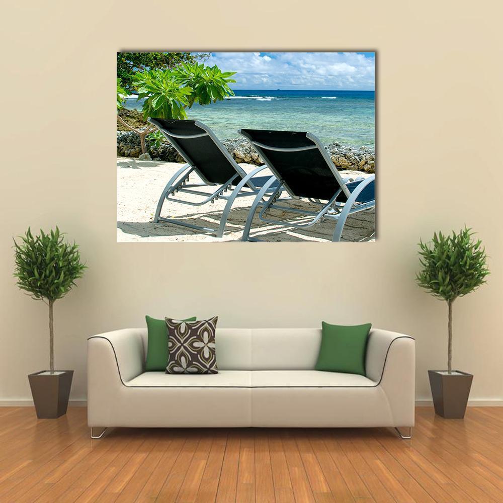 Bora Bora Tropical Beach Serenity Canvas Wall Art in white, green and blue, single panel hung on a wall