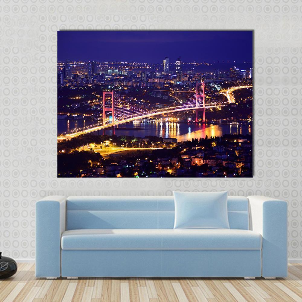 Bosphorus Bridge Istanbul Canvas Wall Art in yellow, blue and purple, single panel hung on a wall