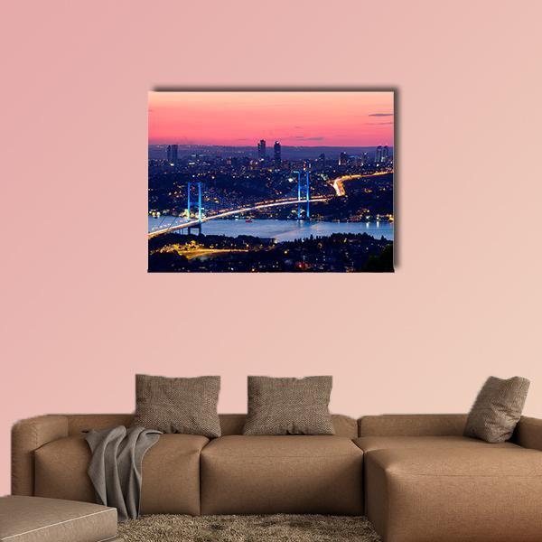 Bosporus Bridge at Sunset Canvas Wall Art in orange, blue and pink, single panel hung on a wall