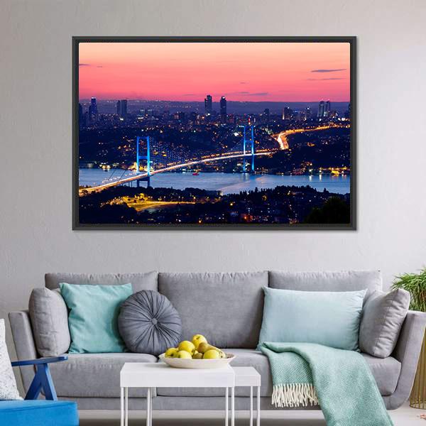 Bosporus Bridge On Sunset Canvas Wall Art-1 Piece-Floating Frame-24" x 16"-Tiaracle