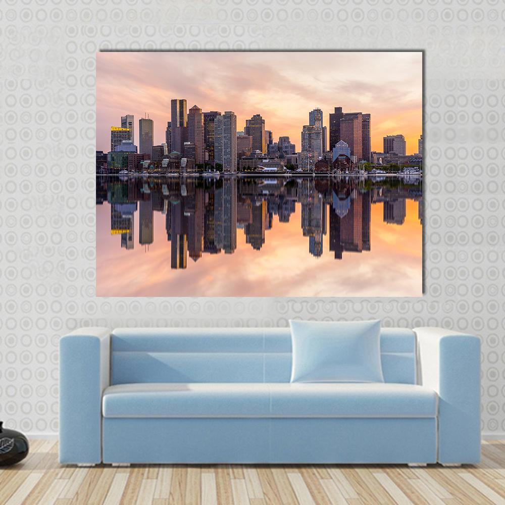 Boston Downtown Skyline Canvas Wall Art in gray, orange and pink, single panel hung on a wall