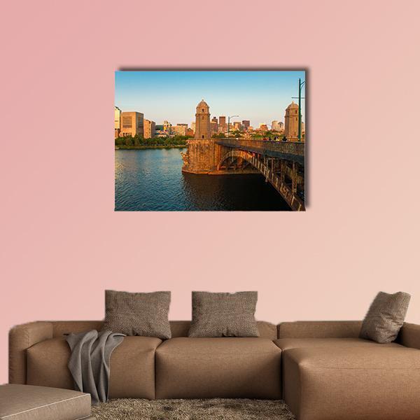 Boston's Longfellow Bridge Canvas Wall Art in brown, orange and blue, single panel hung on a wall