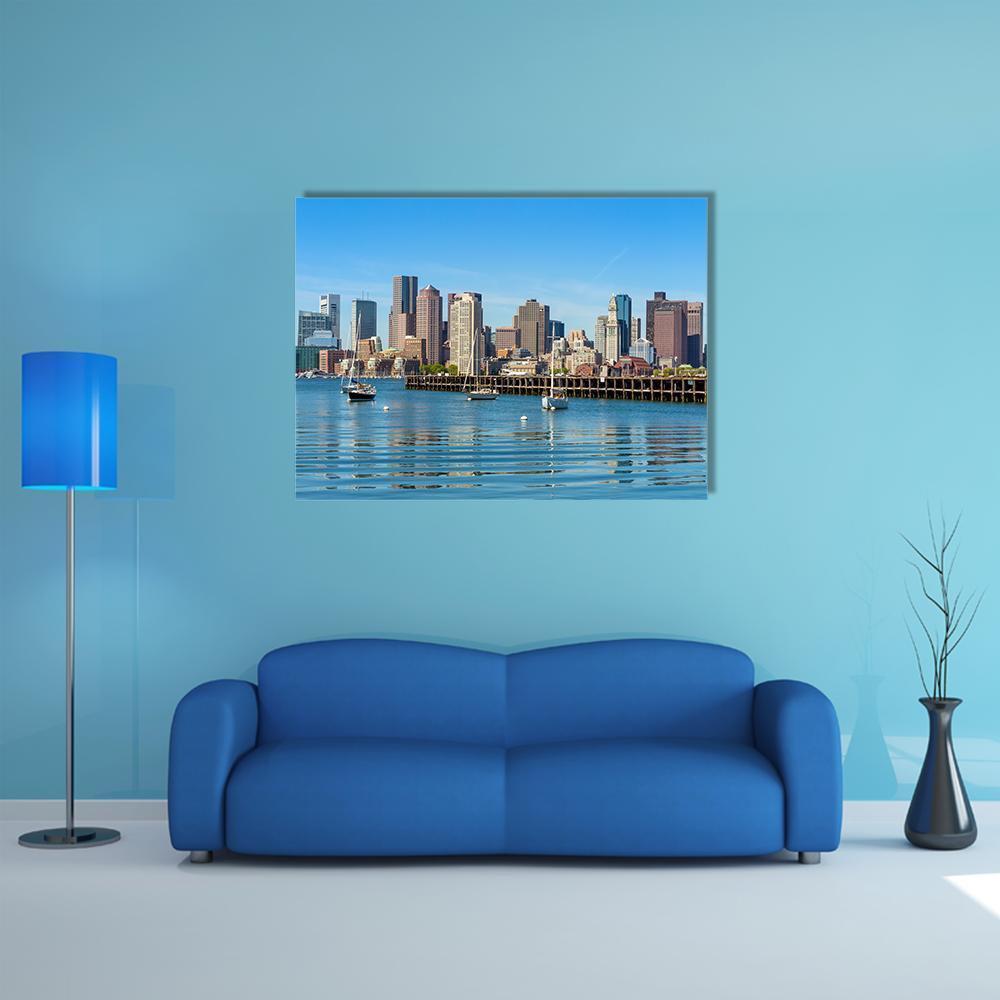 Boston Harbor Skyline Canvas Wall Art in gray and blue, single panel hung on a wall