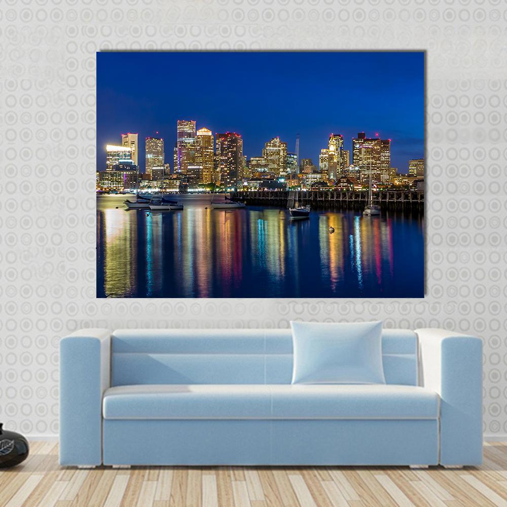 Boston Skyscrapers at Twilight Canvas Wall Art in yellow, blue and navy, single panel hung on a wall