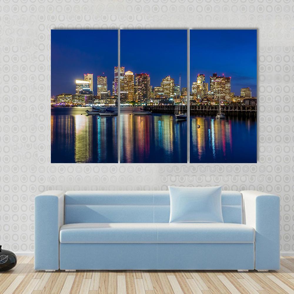 Boston Skyscrapers At Twilight Canvas Wall Art-3 Horizontal-Gallery Wrap-37" x 24"-Tiaracle