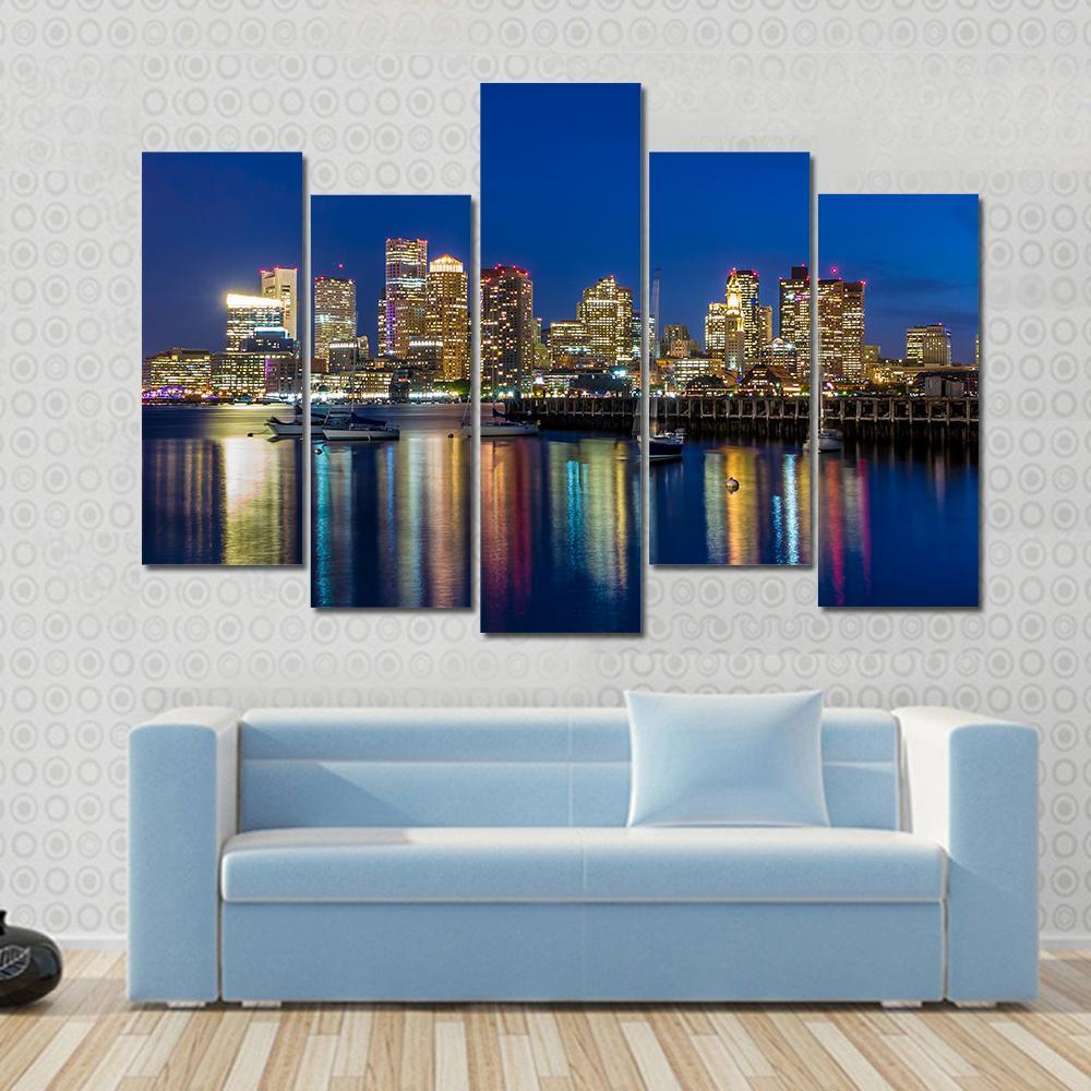 Boston Skyscrapers At Twilight Canvas Wall Art-5 Pop-Gallery Wrap-47" x 32"-Tiaracle