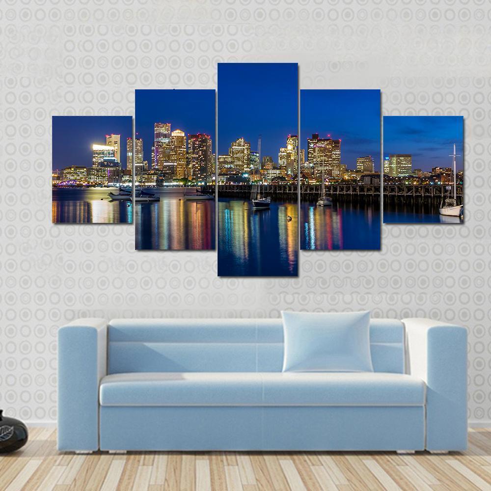 Boston Skyscrapers At Twilight Canvas Wall Art-5 Star-Gallery Wrap-62" x 32"-Tiaracle