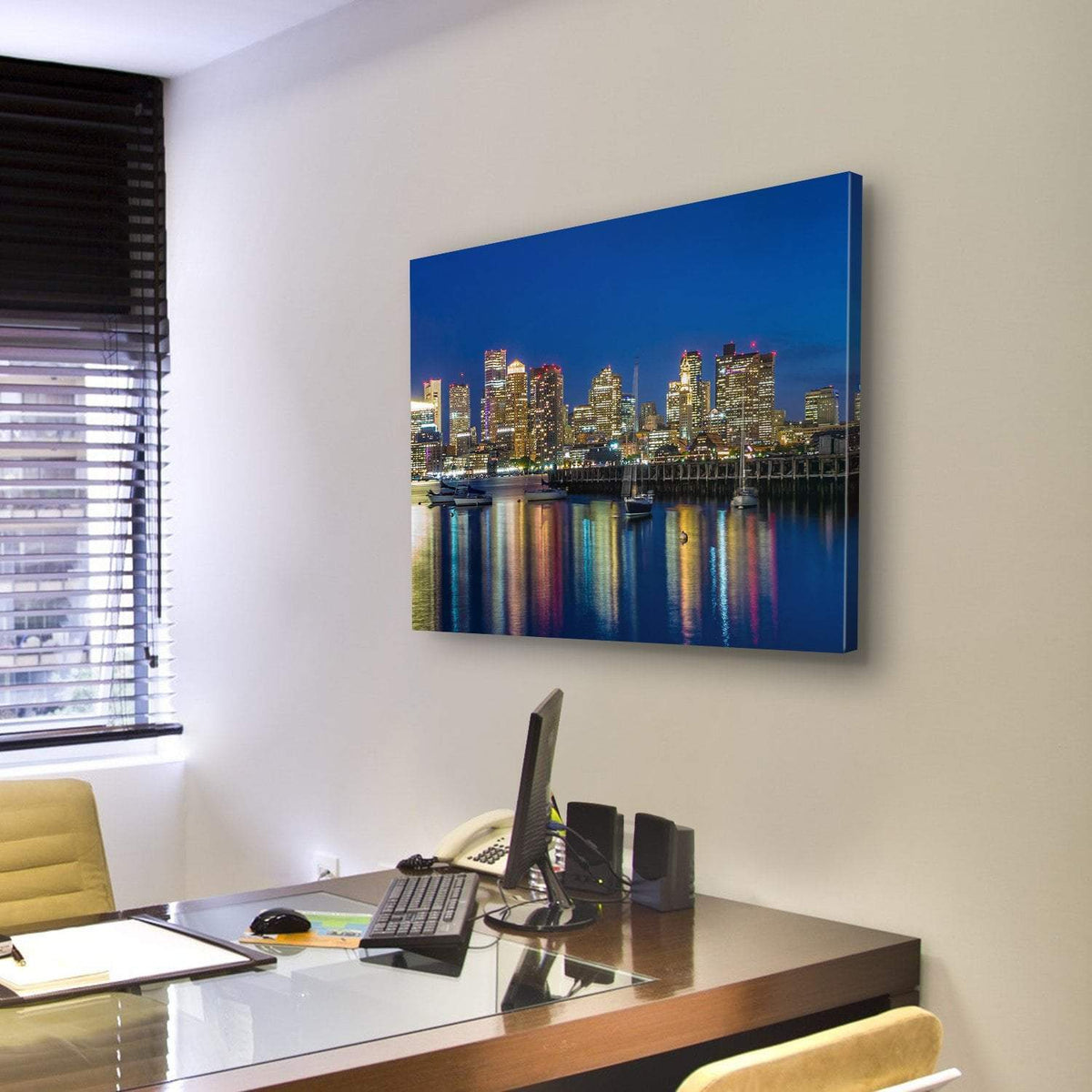 Boston Skyscrapers At Twilight Canvas Wall Art-3 Horizontal-Gallery Wrap-25" x 16"-Tiaracle
