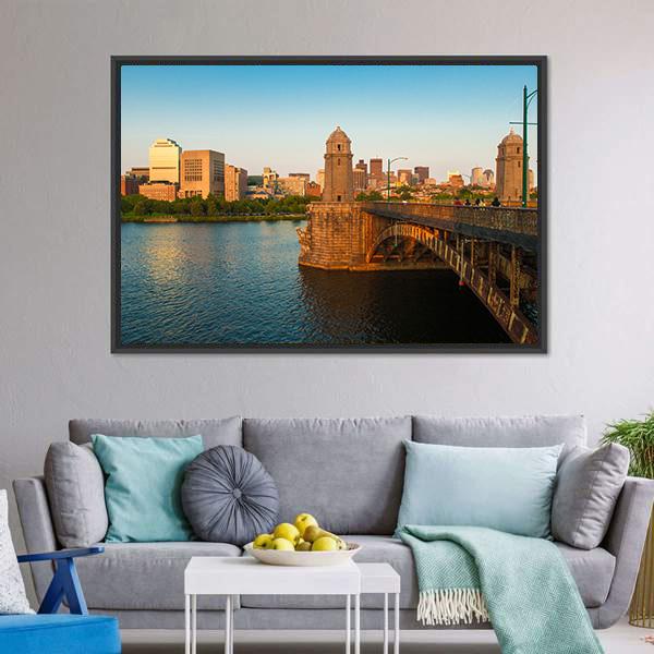 Boston&#39;s Longfellow Bridge Canvas Wall Art-1 Piece-Floating Frame-24&quot; x 16&quot;-Tiaracle