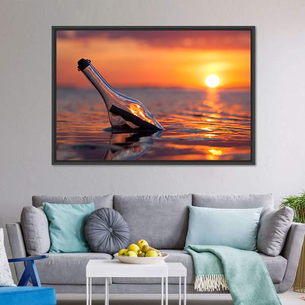 Bottle In Sea Canvas Wall Art-1 Piece-Floating Frame-24" x 16"-Tiaracle