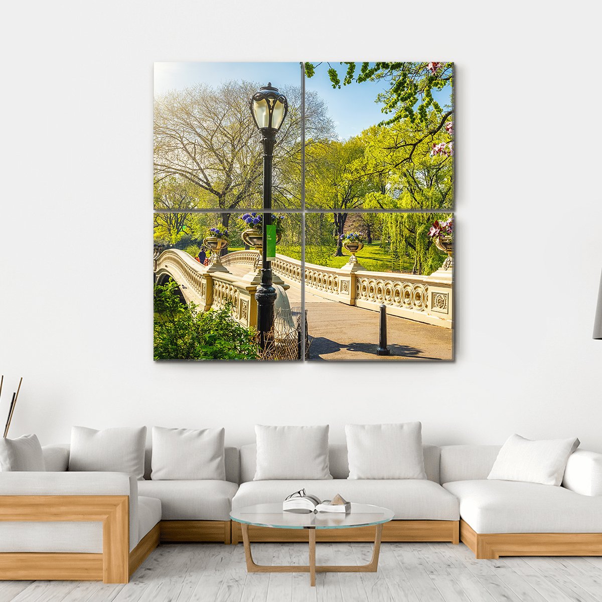 Bow Bridge in Central Park Canvas Wall Art in beige, green and blue, hung on a wall