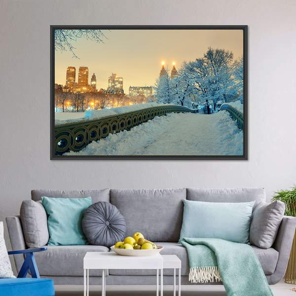 Bow Bridge In Winter Canvas Wall Art-1 Piece-Floating Frame-24" x 16"-Tiaracle