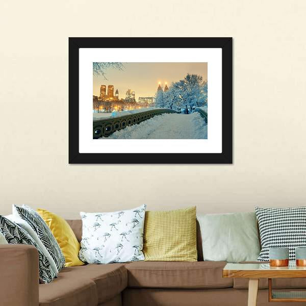 Bow Bridge In Winter Canvas Wall Art-5 Horizontal-Gallery Wrap-22" x 12"-Tiaracle