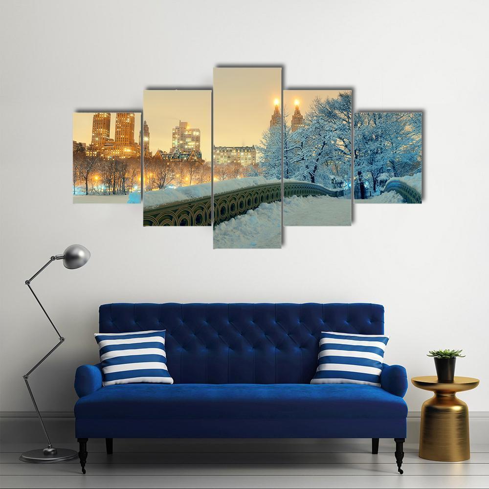 Bow Bridge In Winter Canvas Wall Art-5 Star-Gallery Wrap-62" x 32"-Tiaracle