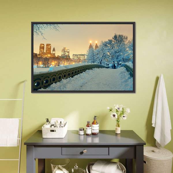 Bow Bridge In Winter Canvas Wall Art-3 Horizontal-Gallery Wrap-25" x 16"-Tiaracle