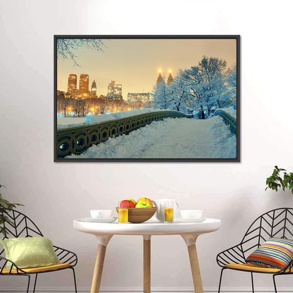 Bow Bridge In Winter Canvas Wall Art-3 Horizontal-Gallery Wrap-25" x 16"-Tiaracle