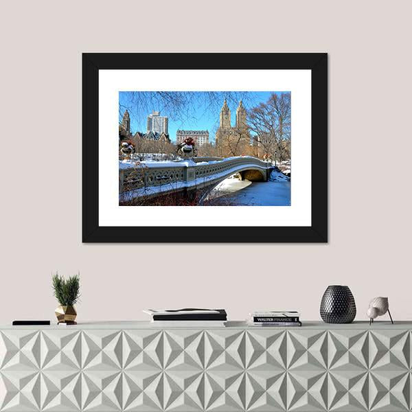 Bow Bridge In Winter USA Canvas Wall Art-1 Piece-Framed Print-20" x 16"-Tiaracle