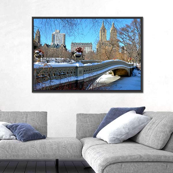 Bow Bridge In Winter USA Canvas Wall Art-3 Horizontal-Gallery Wrap-25" x 16"-Tiaracle