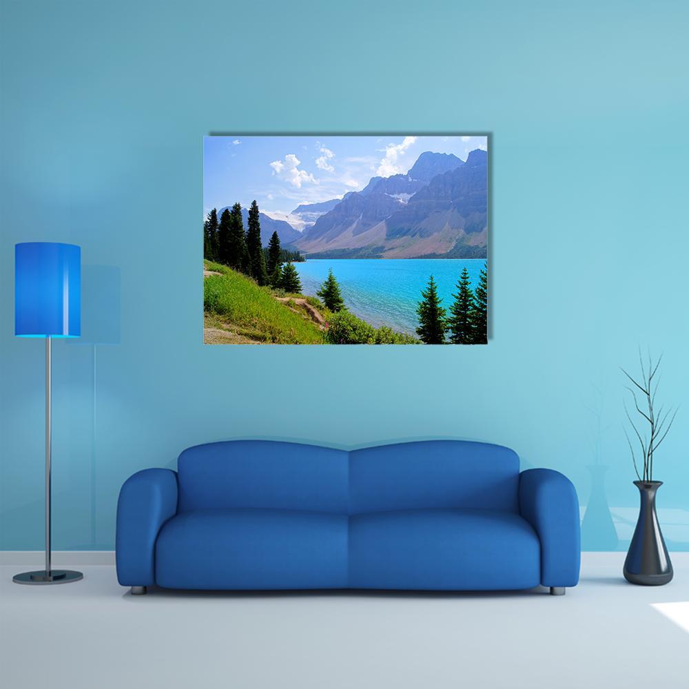 Bow Lake Turquoise Lake Landscape Canvas Wall Art in gray, green and blue, single panel hung on a wall
