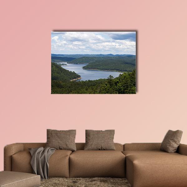 Bow Lake with Wooded Hills Canvas Wall Art in white, green and blue, single panel hung on a wall