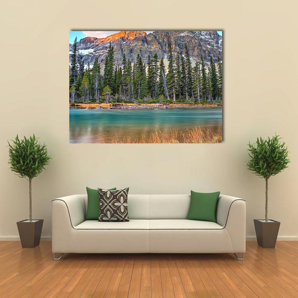 Bow Lake On Sunrise Canvas Wall Art-1 Piece-Gallery Wrap-48" x 32"-Tiaracle