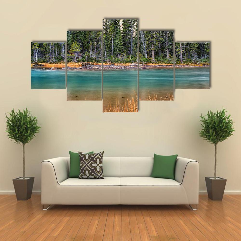 Bow Lake On Sunrise Canvas Wall Art-5 Star-Gallery Wrap-62" x 32"-Tiaracle