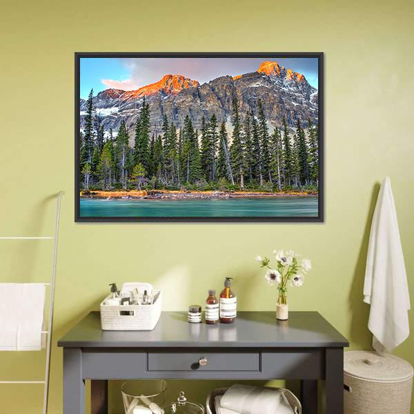 Bow Lake On Sunrise Canvas Wall Art-3 Horizontal-Gallery Wrap-25" x 16"-Tiaracle