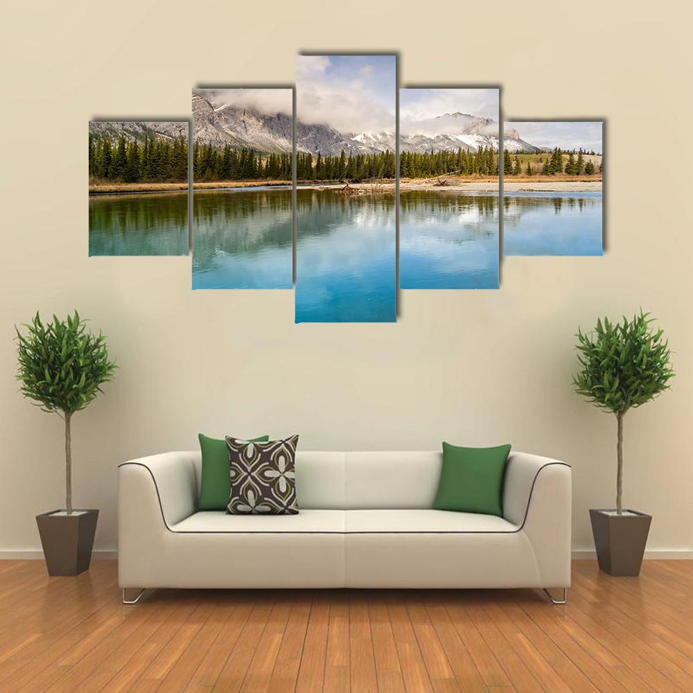 River &amp; Mount Yamnuska Canvas Wall Art-5 Star-Gallery Wrap-62" x 32"-Tiaracle