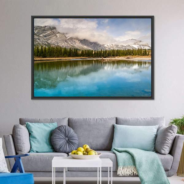 River & Mount Yamnuska Canvas Wall Art-1 Piece-Floating Frame-24" x 16"-Tiaracle