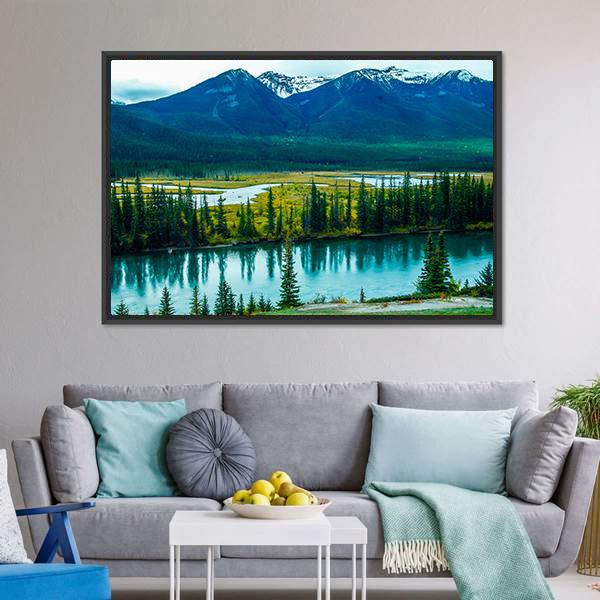 Bow River Through Valley Canvas Wall Art-1 Piece-Floating Frame-24" x 16"-Tiaracle