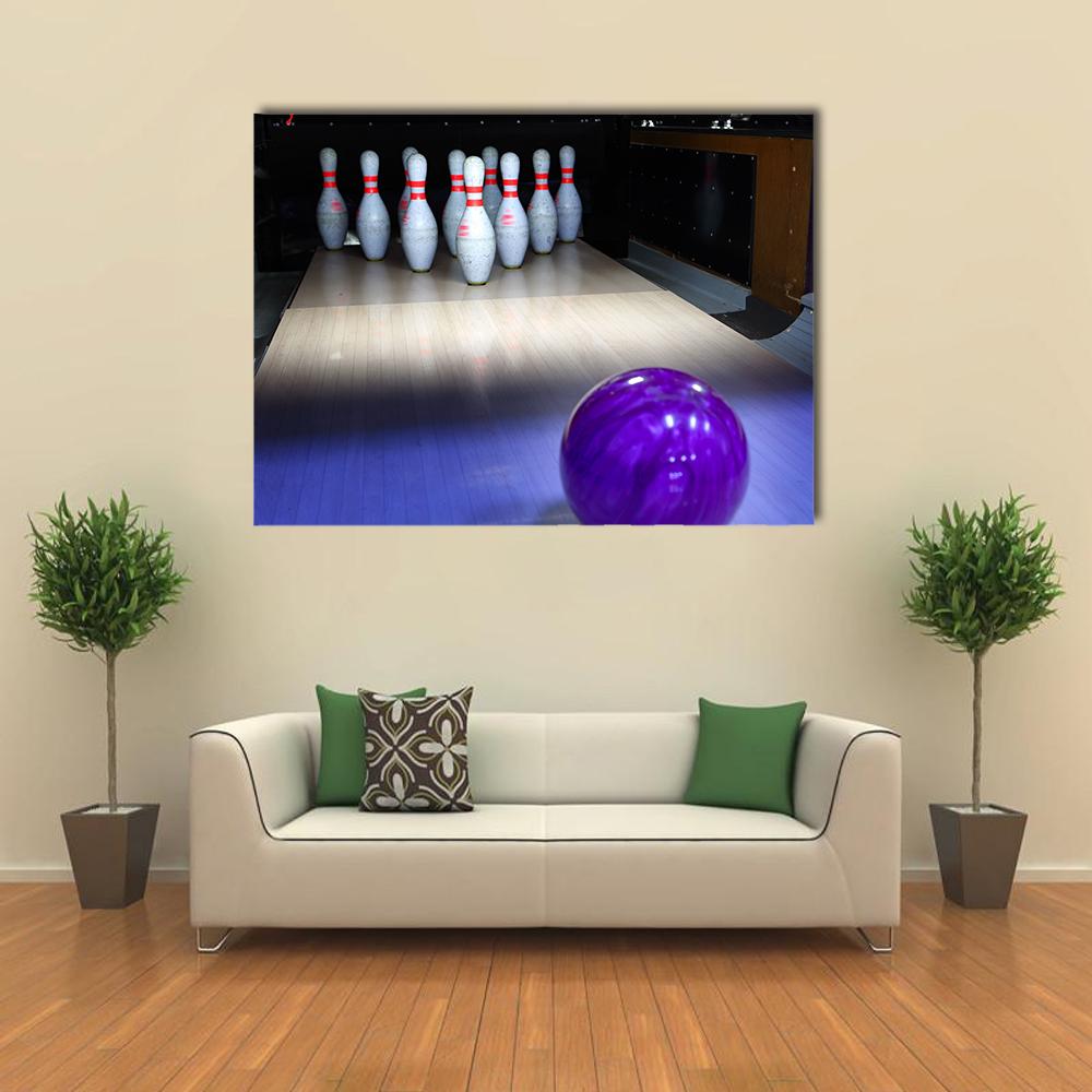 Marbled Purple Bowling Ball and Pins Canvas Wall Art in black, white and purple, single panel hung on a wall
