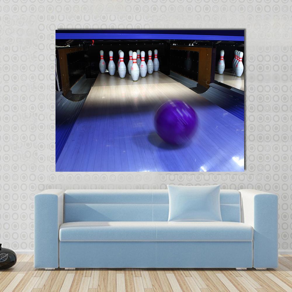 Purple Bowling Ball and Red-striped Pins Canvas Wall Art in white, blue and purple, single panel hung on a wall