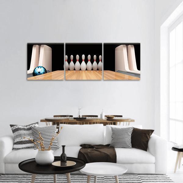 Bowling Pins On Wooden Lane Panoramic Canvas Wall Art-3 Piece-25" x 08"-Tiaracle
