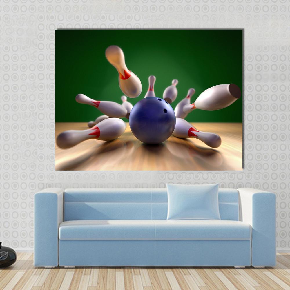Bowling Strike Artwork Canvas Wall Art in white, green and blue, single panel hung on a wall