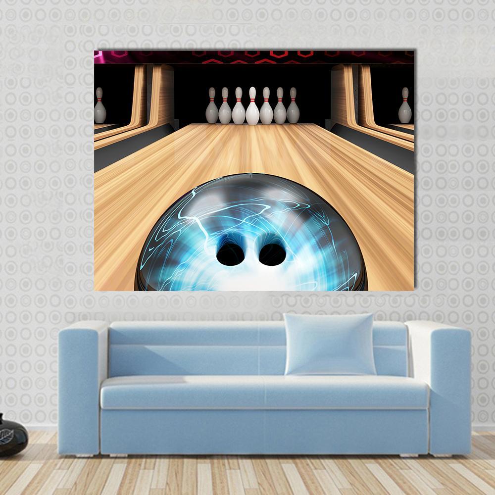 Bowling Ball Aiming at Pins Canvas Wall Art in black, beige and blue, single panel hung on a wall